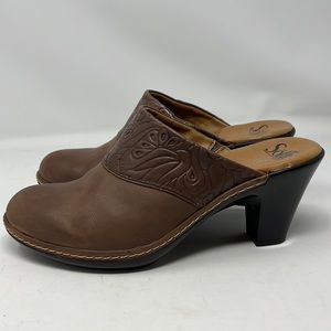 SOFFT CLOGS EMBOSSED BROWN TOOLED LEATHER BOHO MULE SIZE 8.5